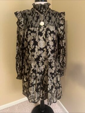 Black and Gold metallic  Floral Ruffle Tiered Dress
